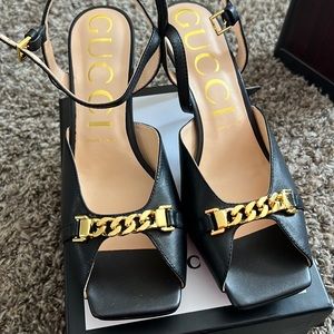 Gucci Luxury Black Leather Chain Sandal Heels